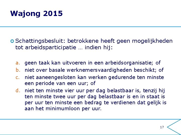 Wajong 2015 ¢ Schattingsbesluit: betrokkene heeft geen mogelijkheden tot arbeidsparticipatie … indien hij: a.