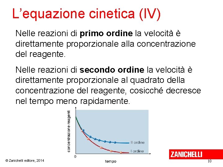 L’equazione cinetica (IV) Nelle reazioni di primo ordine la velocità è direttamente proporzionale alla