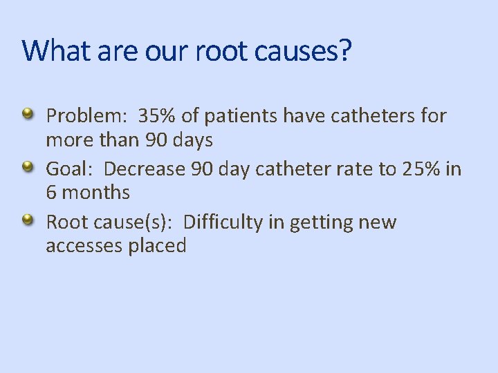 What are our root causes? Problem: 35% of patients have catheters for more than