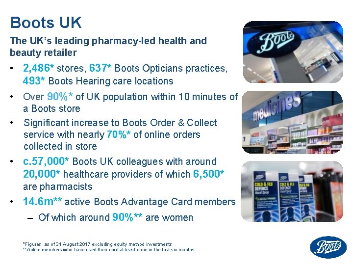 Boots UK The UK’s leading pharmacy-led health and beauty retailer • 2, 486* stores,