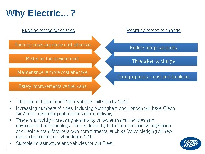 Why Electric…? Pushing forces for change Running costs are more cost effective Better for