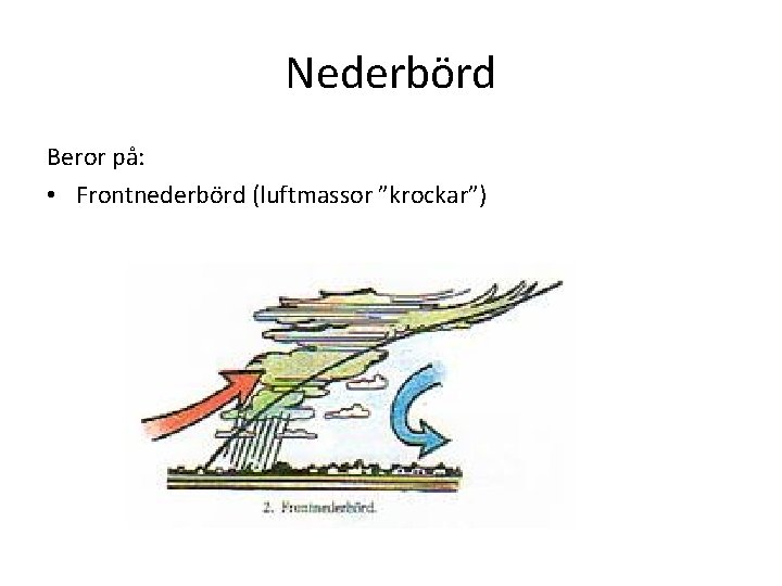 Nederbörd Beror på: • Frontnederbörd (luftmassor ”krockar”) 