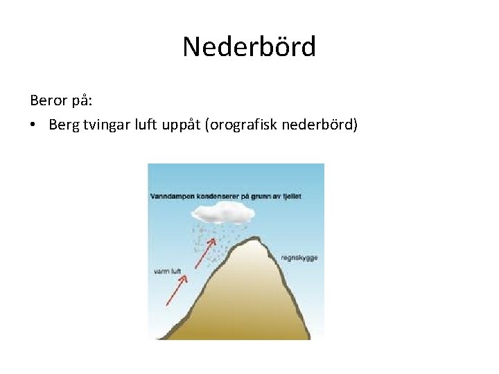 Nederbörd Beror på: • Berg tvingar luft uppåt (orografisk nederbörd) 