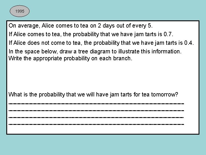 1995 On average, Alice comes to tea on 2 days out of every 5.