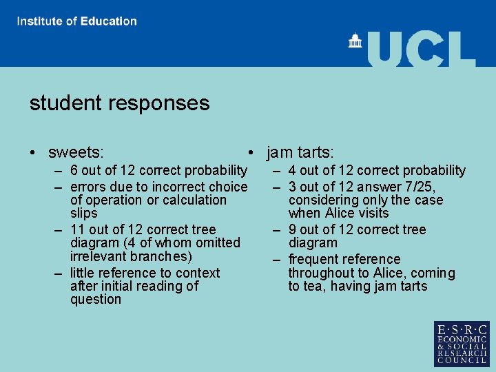 student responses • sweets: • jam tarts: – 6 out of 12 correct probability