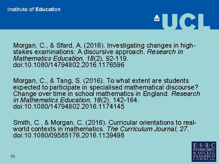 Morgan, C. , & Sfard, A. (2016). Investigating changes in highstakes examinations: A discursive