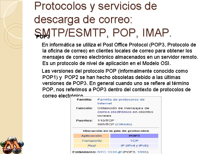Protocolos y servicios de descarga de correo: SMTP/ESMTP, POP, IMAP. POP 3 En informática