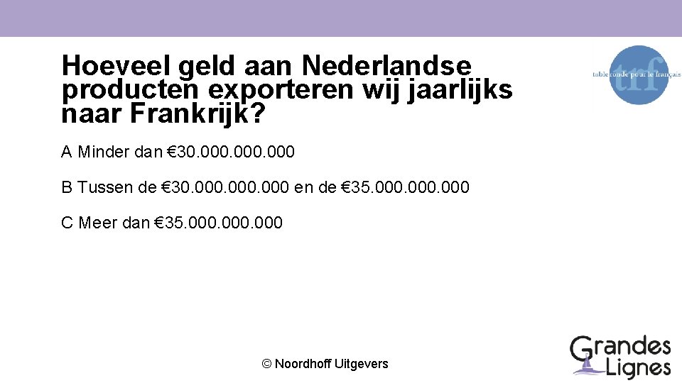 Hoeveel geld aan Nederlandse producten exporteren wij jaarlijks naar Frankrijk? A Minder dan €