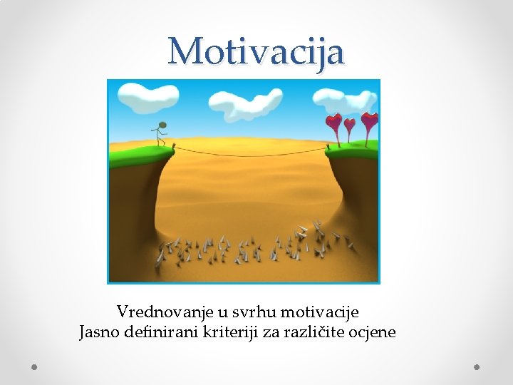 Motivacija Vrednovanje u svrhu motivacije Jasno definirani kriteriji za različite ocjene 