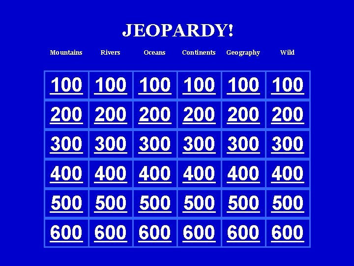 JEOPARDY! Mountains Rivers Oceans Continents Geography Wild 100 100 100 200 200 200 300