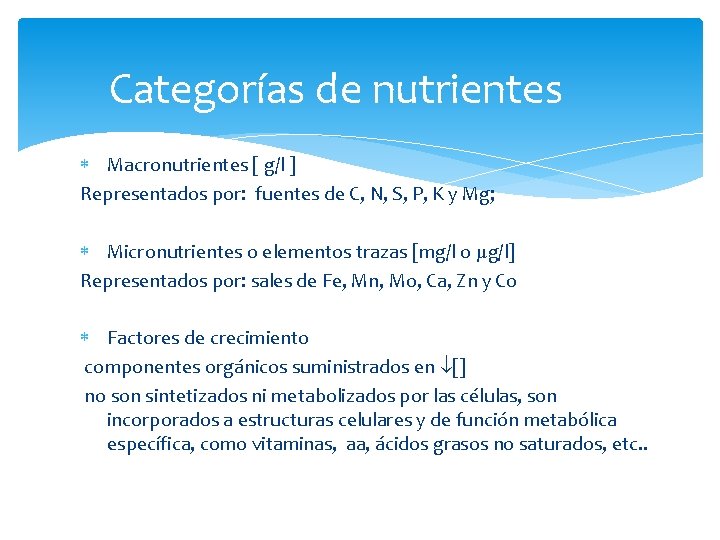 Categorías de nutrientes Macronutrientes [ g/l ] Representados por: fuentes de C, N, S,