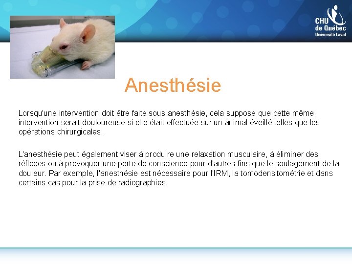 Anesthésie Lorsqu'une intervention doit être faite sous anesthésie, cela suppose que cette même intervention