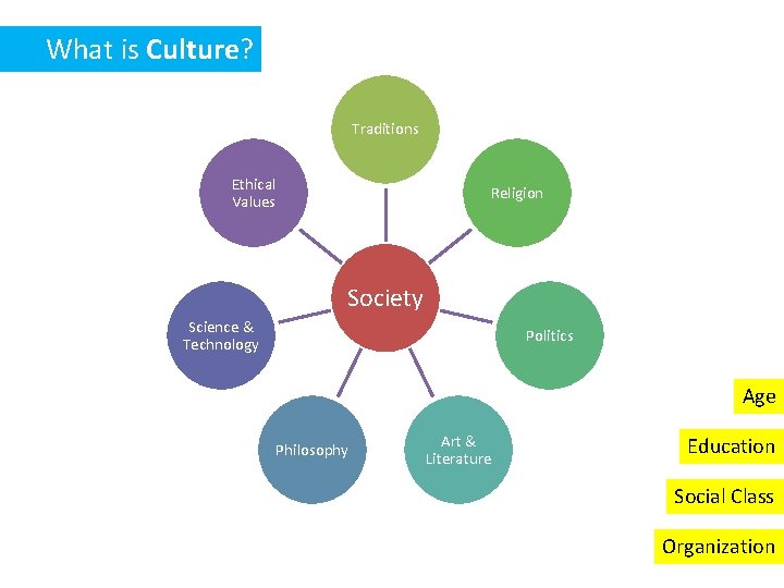 What is Culture? Traditions Ethical Values Religion Society Science & Technology Politics Age Philosophy
