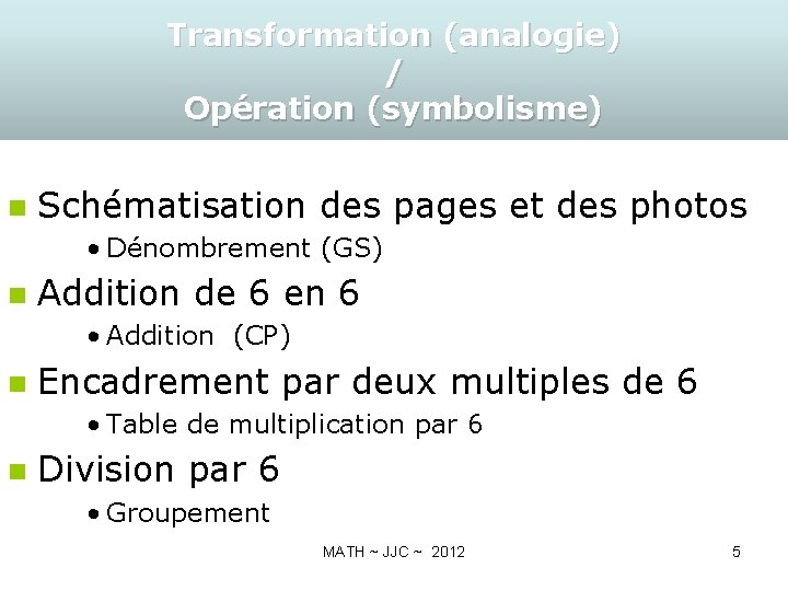 Transformation (analogie) / Opération (symbolisme) n Schématisation des pages et des photos • Dénombrement