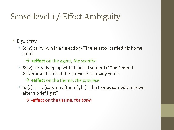 Sense-level +/-Effect Ambiguity • E. g. , carry • S: (v) carry (win in