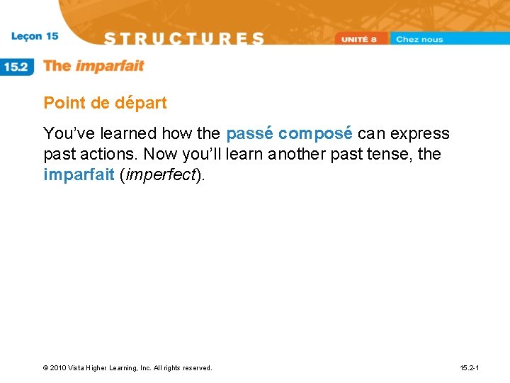 Point de départ You’ve learned how the passé composé can express past actions. Now