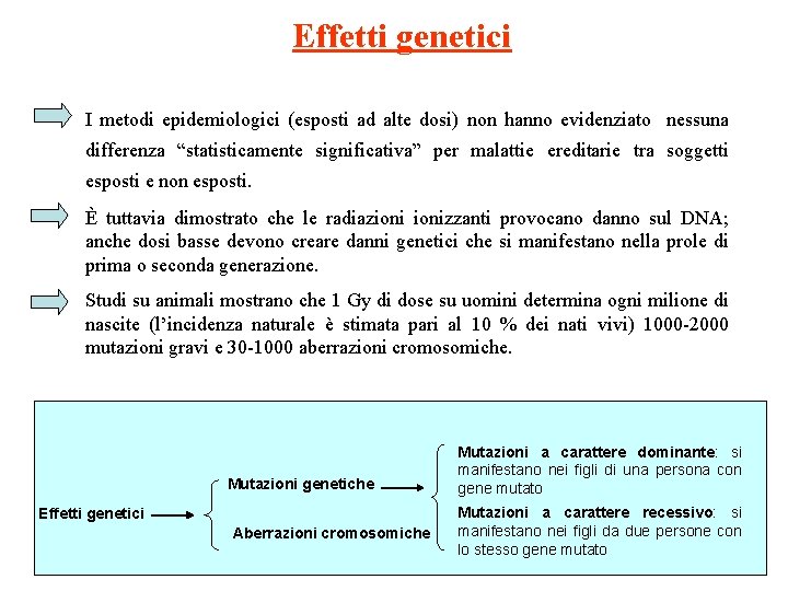 Effetti genetici I metodi epidemiologici (esposti ad alte dosi) non hanno evidenziato nessuna differenza