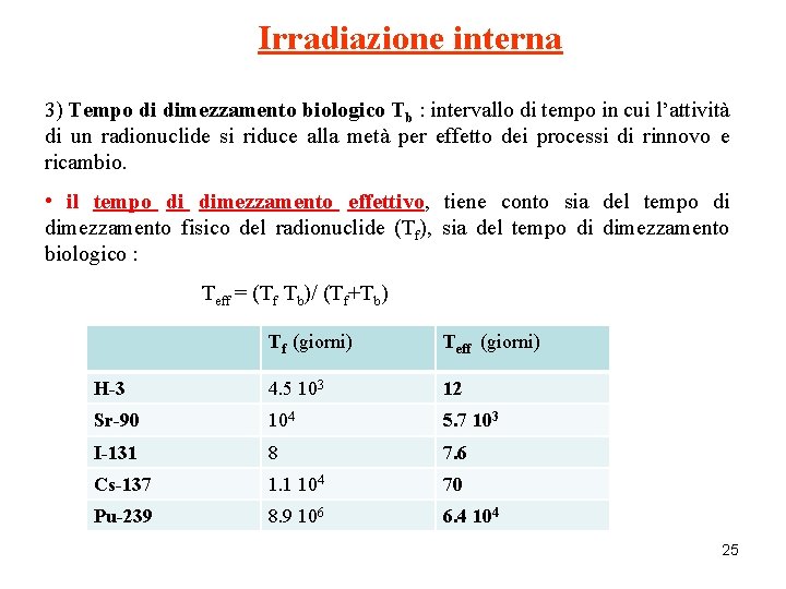 Irradiazione interna 3) Tempo di dimezzamento biologico Tb : intervallo di tempo in cui