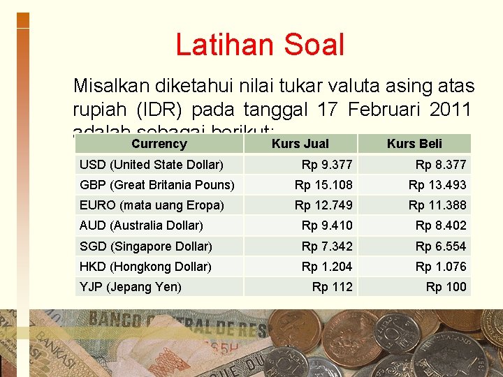 Latihan Soal Misalkan diketahui nilai tukar valuta asing atas rupiah (IDR) pada tanggal 17