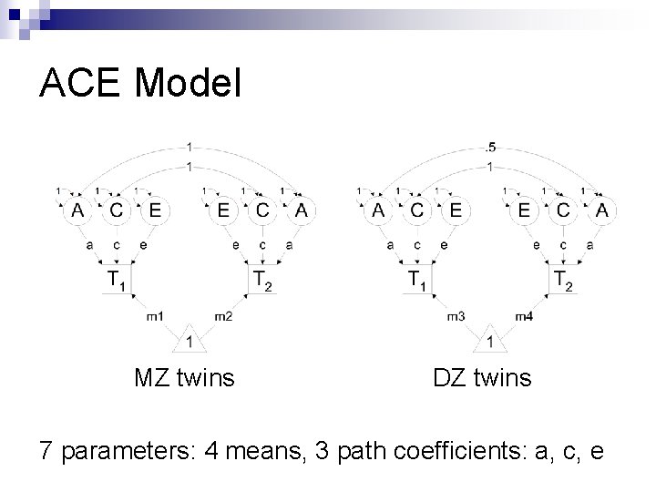 ACE Model MZ twins DZ twins 7 parameters: 4 means, 3 path coefficients: a,