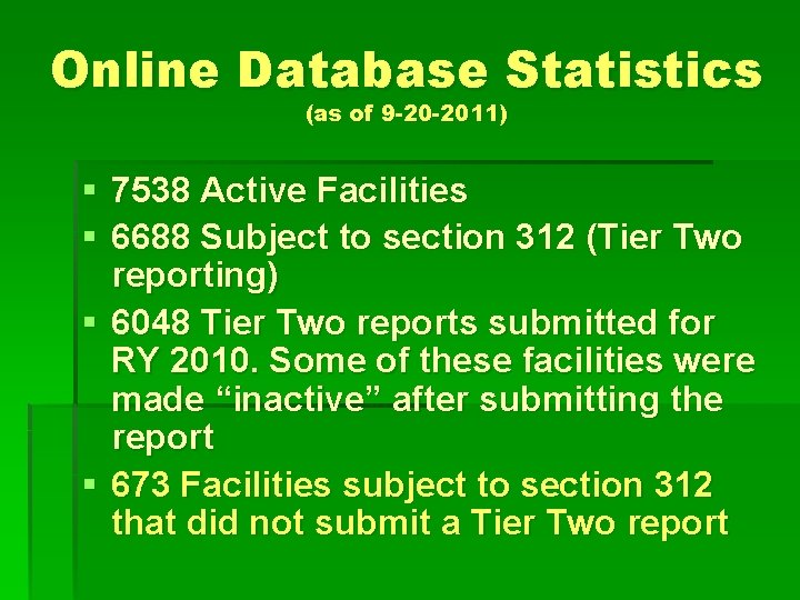 Online Database Statistics (as of 9 -20 -2011) § 7538 Active Facilities § 6688