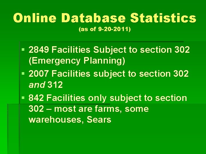 Online Database Statistics (as of 9 -20 -2011) § 2849 Facilities Subject to section