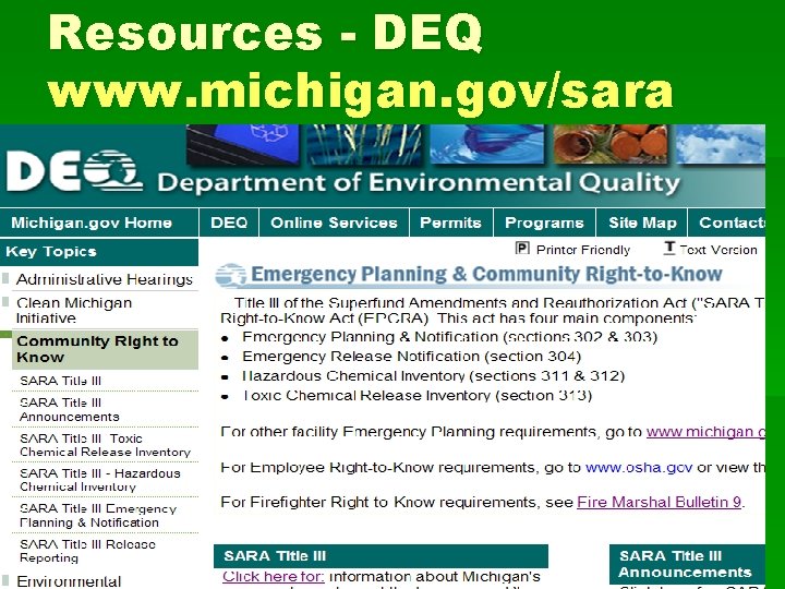 Resources - DEQ www. michigan. gov/sara 