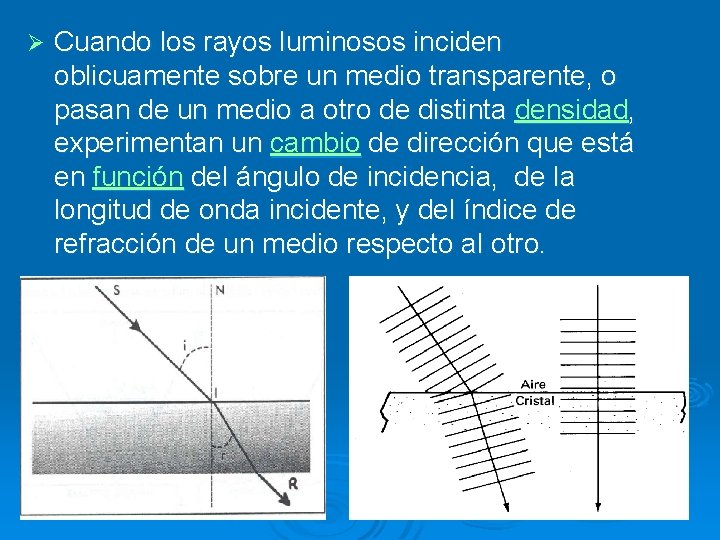 Ø Cuando los rayos luminosos inciden oblicuamente sobre un medio transparente, o pasan de