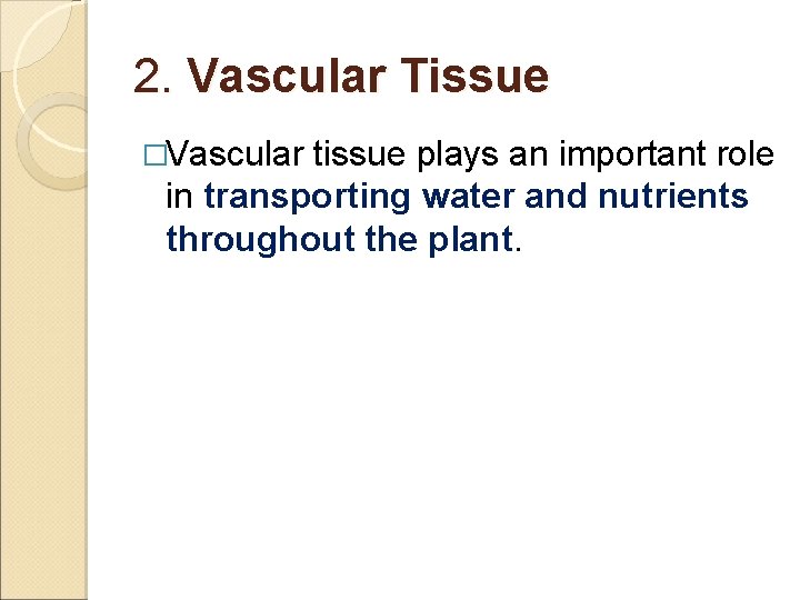 2. Vascular Tissue �Vascular tissue plays an important role in transporting water and nutrients