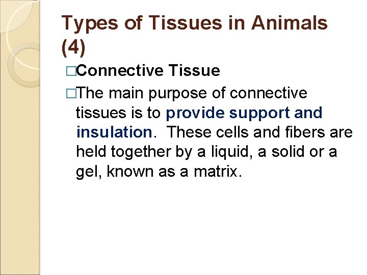 Types of Tissues in Animals (4) �Connective Tissue �The main purpose of connective tissues