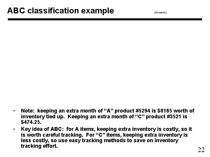 ABC classification example • • (Dilworth) Note: keeping an extra month of “A” product