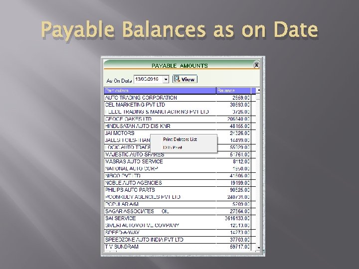 Payable Balances as on Date 