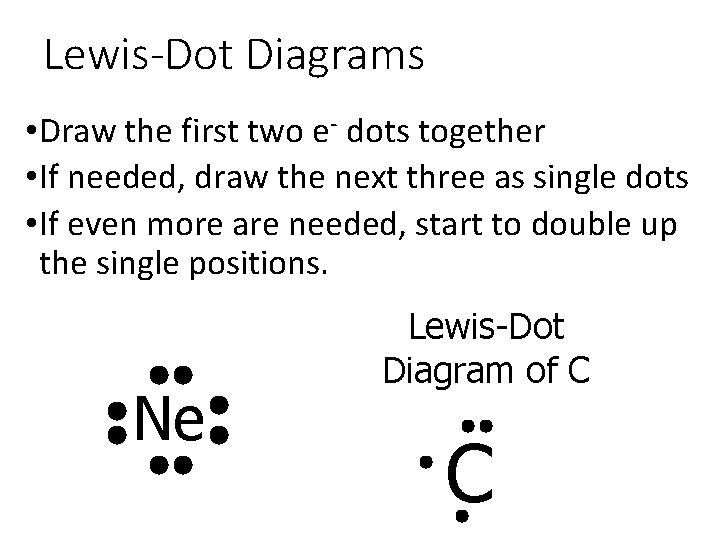 Lewis-Dot Diagrams • Draw the first two e- dots together • If needed, draw