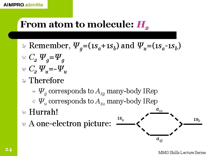 From atom to molecule: H 2 Remember, Ψg=(1 sa+1 sb) and Ψu=(1 sa-1 sb)