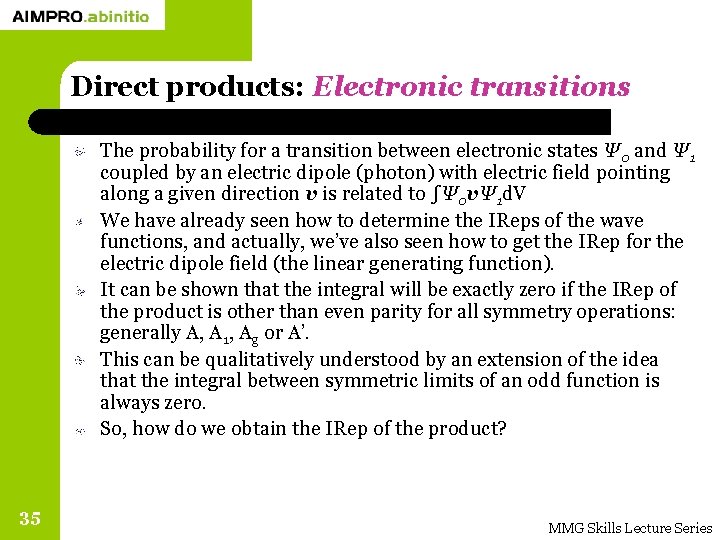 Direct products: Electronic transitions The probability for a transition between electronic states Ψ 0