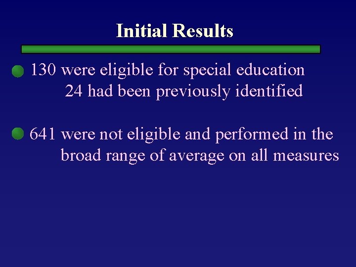 Initial Results 130 were eligible for special education 24 had been previously identified 641