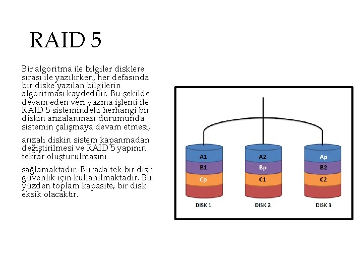 RAID 5 Bir algoritma ile bilgiler disklere sırası ile yazılırken, her defasında bir diske