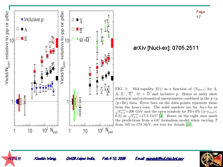 Page 17 ar. Xiv [Nucl-ex]: 0705. 2511 Xiaobin Wang, QM 08 Jaipur India, Feb.
