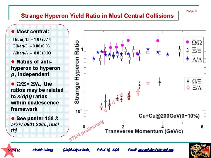 Strange Hyperon Yield Ratio in Most Central Collisions l Most central: Ω(bar)/Ω = 1.