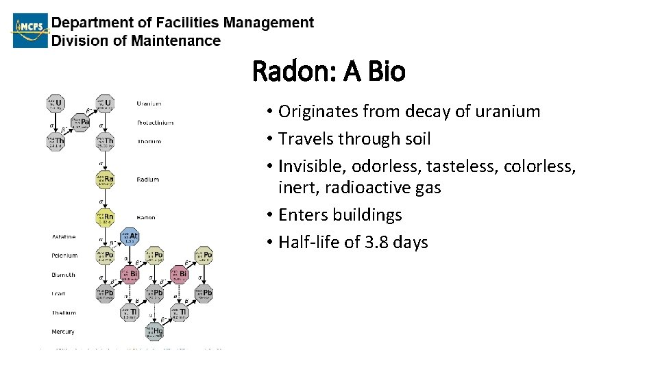 Radon: A Bio • Originates from decay of uranium • Travels through soil •