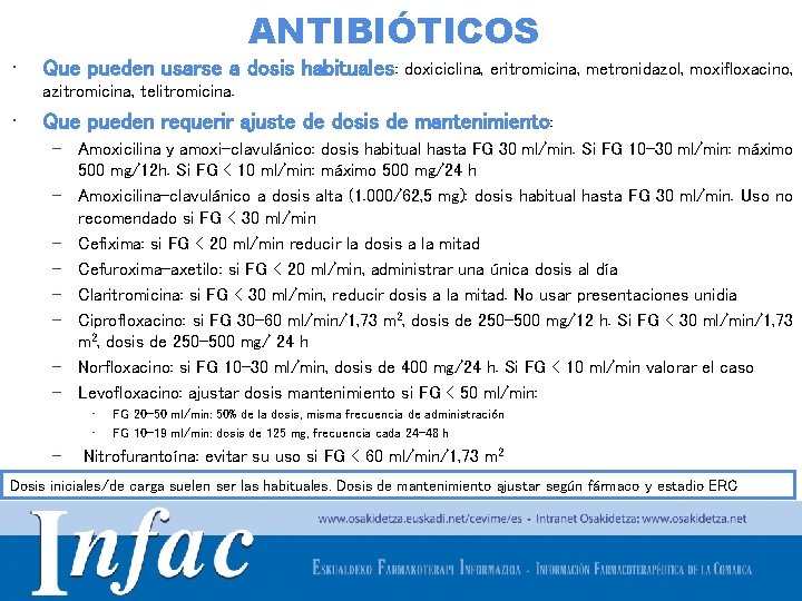 ANTIBIÓTICOS • Que pueden usarse a dosis habituales: doxiciclina, eritromicina, metronidazol, moxifloxacino, azitromicina, telitromicina.