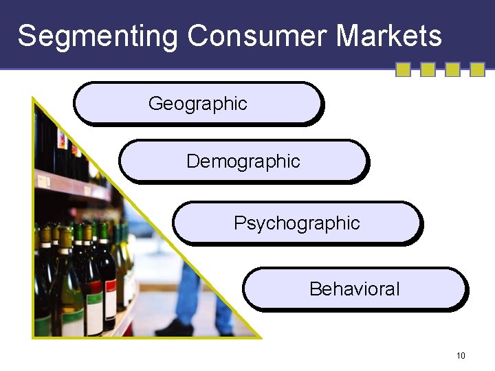 Segmenting Consumer Markets Geographic Demographic Psychographic Behavioral 10 
