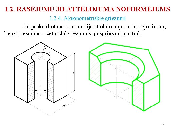 1. 2. RASĒJUMU 3 D ATTĒLOJUMA NOFORMĒJUMS 1. 2. 4. Aksonometriskie griezumi Lai paskaidrotu