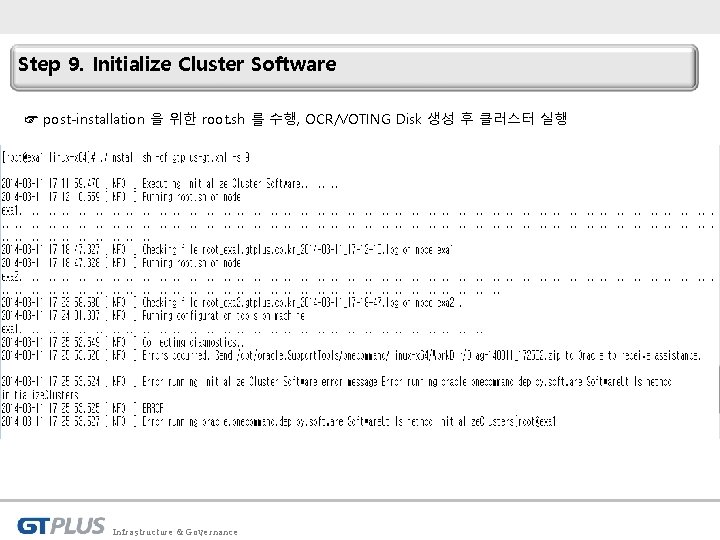 Step 9. Initialize Cluster Software ☞ post-installation 을 위한 root. sh 를 수행, OCR/VOTING