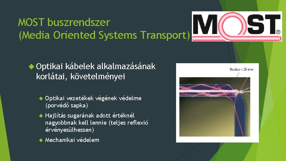 MOST buszrendszer (Media Oriented Systems Transport) Optikai kábelek alkalmazásának korlátai, követelményei Optikai vezetékek végének