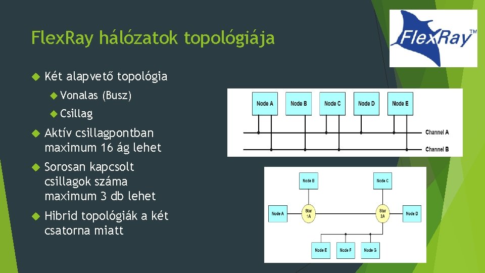 Flex. Ray hálózatok topológiája Két alapvető topológia Vonalas (Busz) Csillag Aktív csillagpontban maximum 16