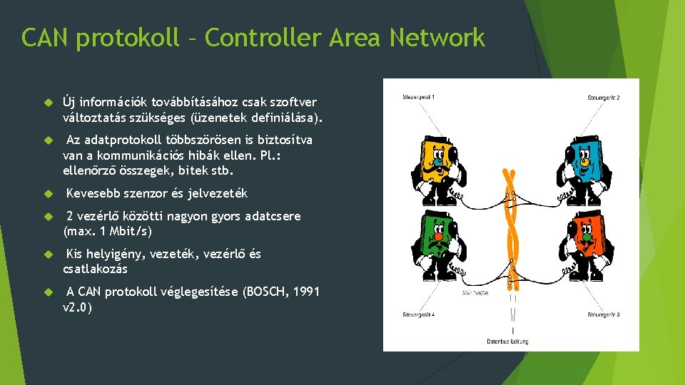 CAN protokoll – Controller Area Network Új információk továbbításához csak szoftver változtatás szükséges (üzenetek