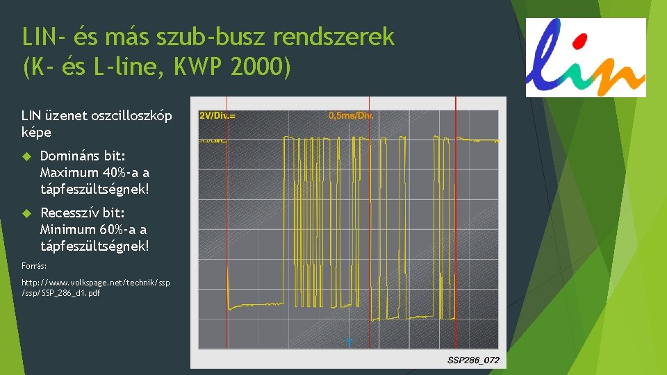 LIN- és más szub-busz rendszerek (K- és L-line, KWP 2000) LIN üzenet oszcilloszkóp képe