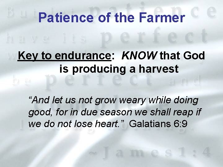 Patience of the Farmer Key to endurance: KNOW that God is producing a harvest