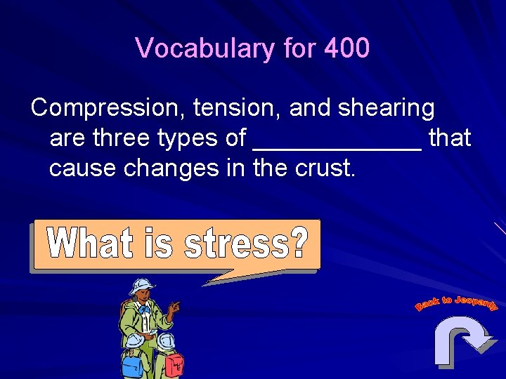 Vocabulary for 400 Compression, tension, and shearing are three types of ______ that cause
